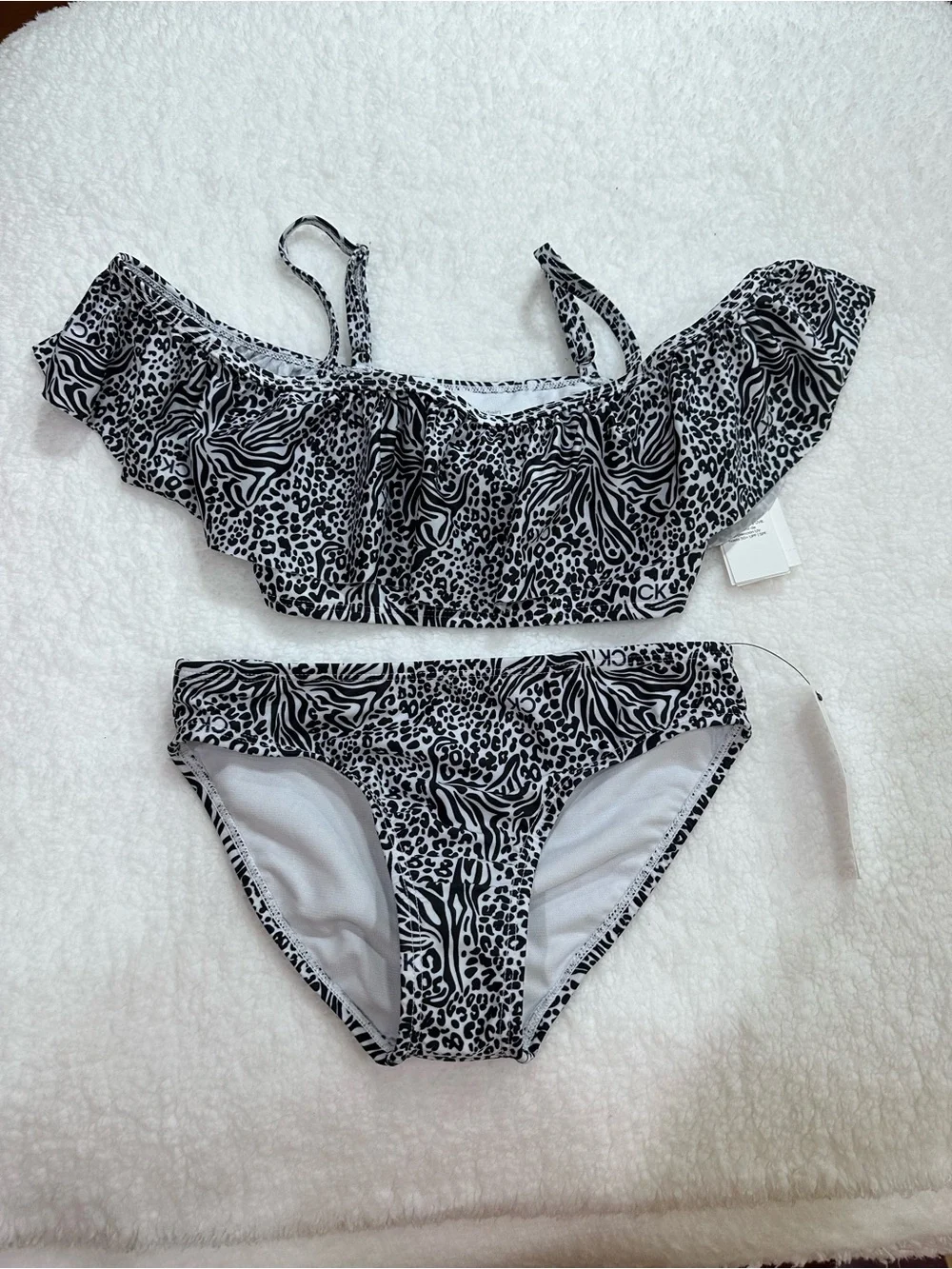 Girl’s Calvin Klein Black & White Animal Print Ruffle Bikini Set